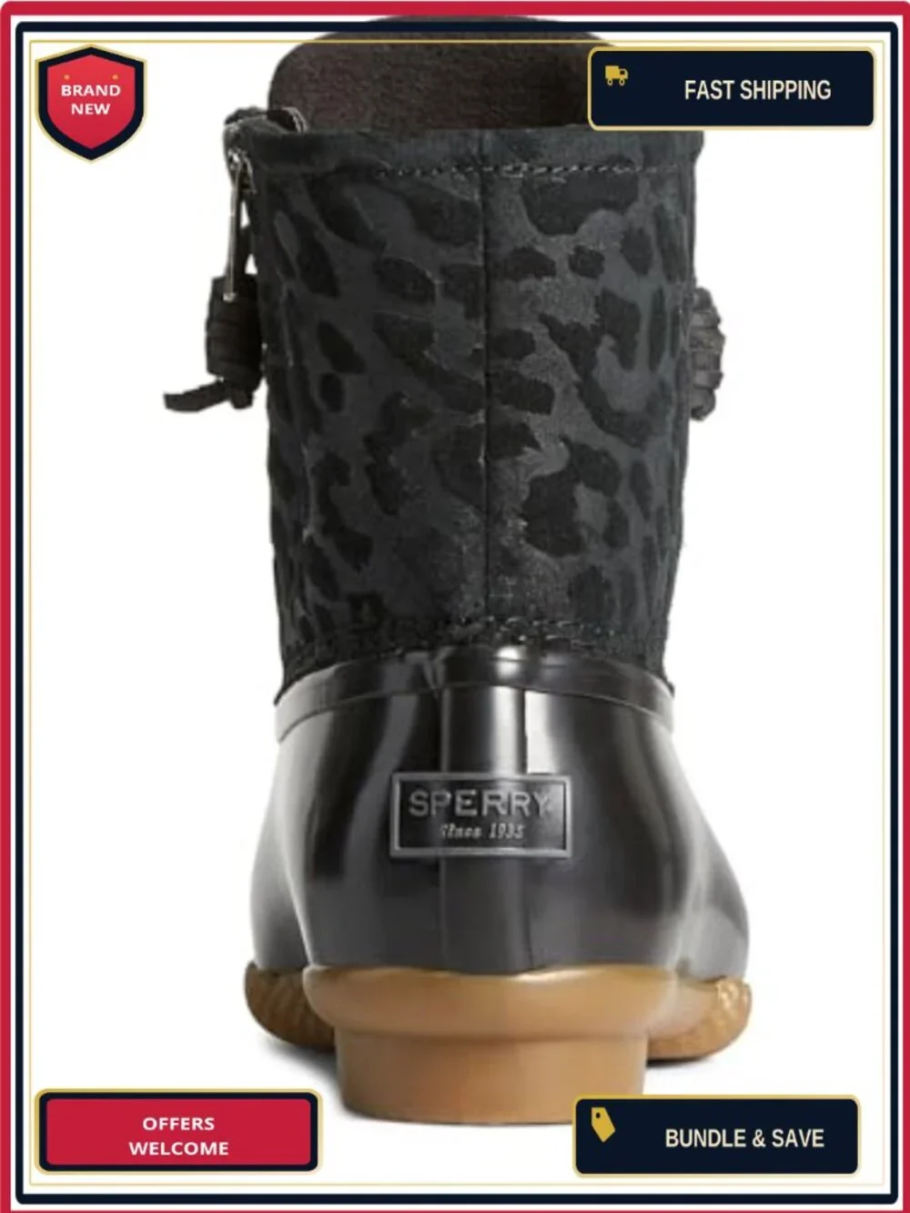 Sperry Saltwater Cheetah Duck Boot Waterproof Ankle Rain Boot Zip